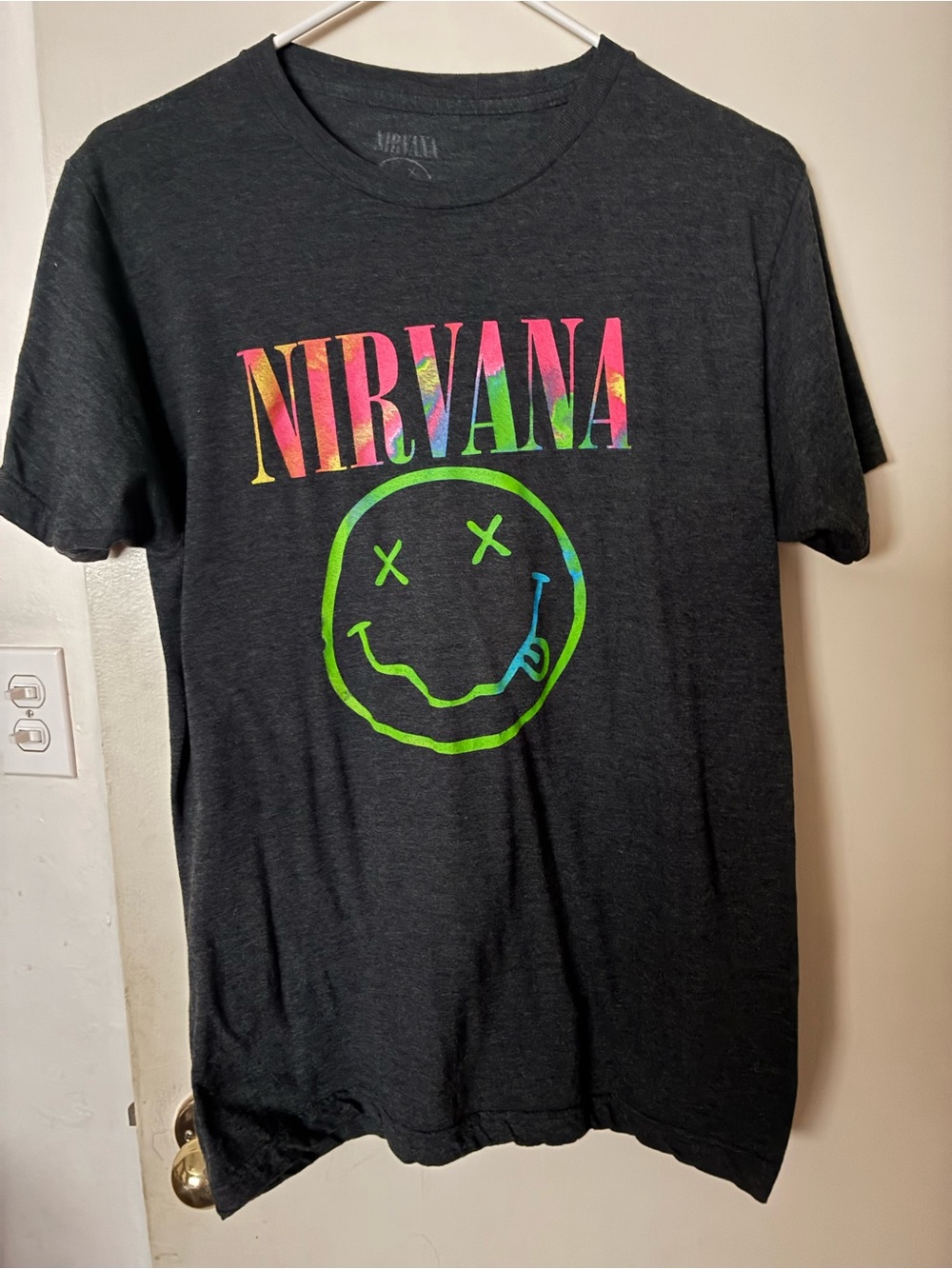 NIRVANA Women’s Size Large GrayTee with Neon Tie-Dye Logo Front Graphic
